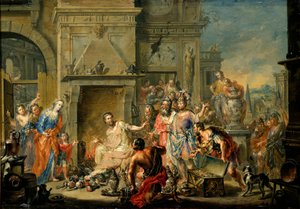 Roma Antiga: "Manius Curius Dentatus (falecido em 270 aC) recusou os presentes dos samnitas". Manius Curius Dentatus recusando os subornos dos samnitas - Óleo sobre cobre por Johann Georg Platzer (1704-1761) - Galeria de Arte do Estado, Dresden de Johann Georg Platzer