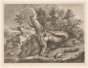 Cão de caça e bota de caça com javali, veado e aves
Caça no exterior (título da série) de Johann Georg Wachsschlunger