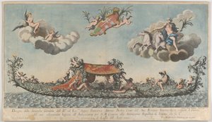 A segunda gôndola altamente ornamentada de Francesco Antonio Berka entrando em Veneza, Deuses em c..., 1700. de Johann Georg Wolfgang