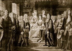 Artigos de União sendo apresentados à Rainha Anne, 1706, ilustração da &39;Hutchinson&39;s Story ofthe British Nation&39;, c.1923 de Johann Gerhard Huck