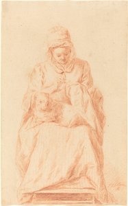 Jovem costurando com um cachorro descansando no colo de Johann Gottlieb Glume