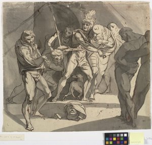 Richard Plantagenet joga a cabeça decepada do duque de Somerset aos pés de seu pai. Ilustração para Henry VI de Shakespeare, Parte 3, ato 1, linha 20
