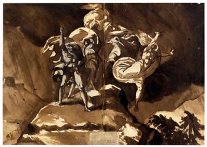 As Bruxas Flutuantes Acima de Macbeth e Banquo (Les sorcieres flottant au dessus de Macbeth et Banquo) - par Fussli (Fuseli), Johann Heinrich (1741-1825), - Caneta, pincel, tinta indígena castanha, cor branca, giz preto sobre papel, 46,5x66,2 - Coleção Par