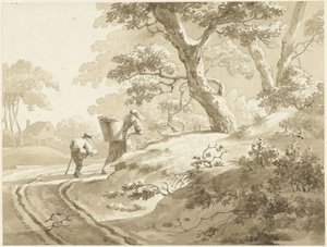 Paisagem com uma mulher e um menino em uma estrada rural de Johann Heinrich Keller (II) (possibly)