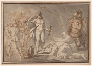 Odisseu, às portas do Hades, encontra as sombras de Tirésias e Antígua