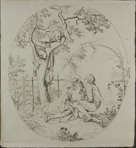 Homem barbudo a espiar os amantes debaixo de um caramanchão de Johann Heinrich Ramberg
