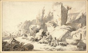 Um tropeiro com sua família e gado ao lado de ruínas clássicas de Johann Heinrich Roos