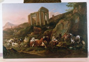 Paisagem clássica com animais de Johann Heinrich Roos