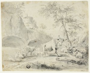 Paisagem com pastor e ovelhas, cabras, gado de Johann Heinrich Roos