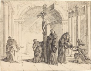 Um crucifixo em uma igreja com os santos Tomás de Aquino, Maria Madalena, Alberto Magno e outros de Johann Heinrich Schönfeld