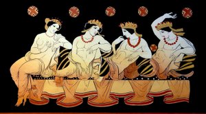 Uma prostituta fêmea entretém três homens durante um banquete c.1796 (Gravação em placa de cobre)
