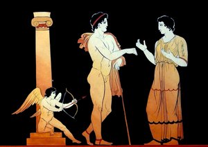 Eros apontando uma das suas flechas a um jovem casal que fala c.1796 (Gravação em Placa de Cobre) de Johann Heinrich Wilhelm Tischbein