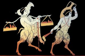 Dois fauns carregando tributos e oferendas para o festival Dionísio usando um colec.1796 (Gravura em Placa de Cobre) de Johann Heinrich Wilhelm Tischbein