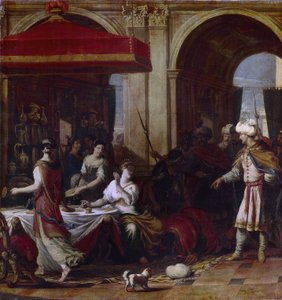 A Festa de Esther. Esther (Hadassah bat Avihail) esposa de Assuerus, rei da Pérsia (Xerxes I, 519-465 AC), após o decreto de extermínio dos judeus do reino pelo vizir Haman, ela convida os dois homens para um banquete onde ela