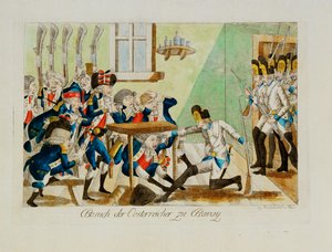 Soldados austríacos surpreendem um destacamento francês nos seus aposentos em Bavai ... (gravura) de Johann Hieronymus Loeschenkohl