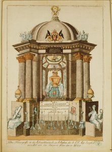 Monumento funerário (Castrum Doloris) erigido pelos cidadãos de Viena para a missa de réquiem do Imperador (gravura) de Johann Hieronymus Loeschenkohl