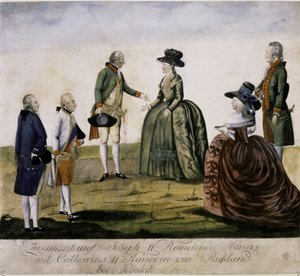Encontro de Catarina II e José II no rio Dnieper, em Ma... (gravura a cores) de Johann Hieronymus Loeschenkohl