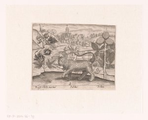 Série de gravuras com flores e animais em uma paisagem Paisagem com malva, leopardo e árvore de ameixa Paisagens com animais, plantas e flores (título da série)