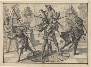 Arlequim e Scaramouche criam uma "fonte" de Johann Jacob Schubler