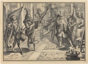 Mezzetin e Arlequim, disfarçados de capitão, atrapalham o jantar de Pantaloon de Johann Jacob Schubler