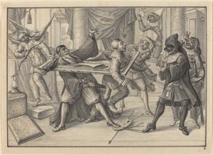 Mezzetin e Harlequin usam o porta-retrato para pegar Pantaloon e Pierrot de Johann Jacob Schubler