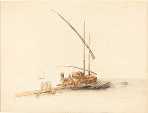 Barris de vinho carregados em uma barcaça à vela em Vevey de Johann Jacob Ulrich