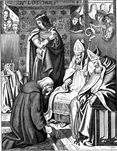 Luís, o Pio, fazendo penitência em Attigny, em 822 Ilustração da história do povo alemão de E. Duller, 1840