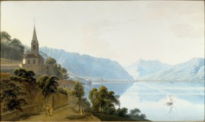 A igreja de Les Planches, Chillon, Villeneuve e os Dents du Midi de Johann Jakob Wetzel