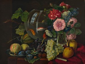 Natureza morta com taça de peixe dourado (óleo sobre madeira) de Johann Knapp