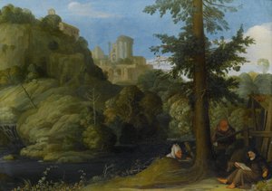Um eremita com dois viajantes em uma paisagem arborizada