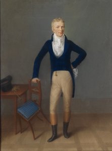 Retrato de corpo inteiro de um cavalheiro louro em traje de equitação, encostado nas costas de uma cadeira de Johann Lorenz Kreul