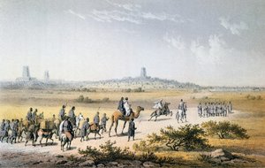 Entrada da Caravana de Heinrich Barth (1821-65) em Timbuktu em 1853, de "Viagens e Descobertas na África do Norte e Central" por Barth, gravado por Eberhard Emminger (1808-1885) publicado em 1857 (colou