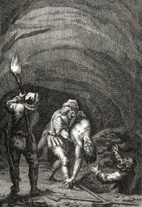 Morte de Guilherme II da Holanda morto pelos frísios, que o enterraram secretamente debaixo do chão de uma casa Gravura de Johann Michael Mettenleiter (1765-1853) 1800 Colecção privada