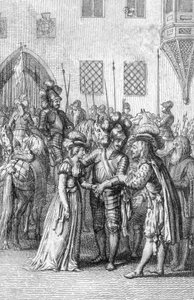 O Imperador Henrique VII do Luxemburgo (1275-1313) conhece a sua futura esposa Margarida de Brabante (1276-1311) filha de João I, Duque de Brabante e Margarita de Dampierre (Henrique VII, Santo Imperador Romano conhece a sua esposa Margarida de Brabante, f