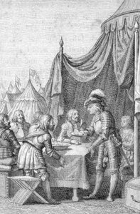Imperador Luís IV (1282-1347) de Baviere com os seus oficiais na Batalha de Muhldorf (ou Ampfing) em 28 de Setembro de 1322 (Luís IV, Santo Imperador Romano na Batalha de Muhldorf em 28 de Setembro de 1322 na Ampfing Heath) Gravura de Johann Michael Metten