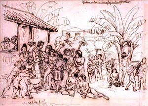 Índios visitando uma fazenda, Brasil, c.1825 (caneta e tinta marrom sobre lápis) de Johann Moritz Rugendas