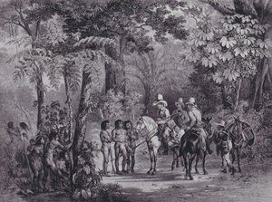 Encontro dos índios com os exploradores europeus da &39;Viagem pitoresca ao Brasil&39; de Johann Moritz Rugendas