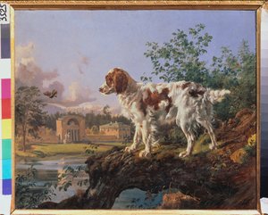 A propriedade de Kuzminki. O manège. Um cão na paisagem. Trabalho de Johann Nepomuk Rauch (1804-1847), óleo a bordo