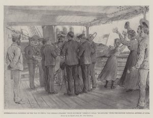 Cortesia Internacional sobre o Caminho para a China, o navio alemão Prinz Heinrich cumprimentando o HMS Highflyer com o Hino Nacional Britânico no Suez de Johann Nepomuk Schonberg