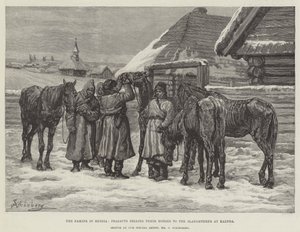 A fome na Rússia, camponeses vendendo seus cavalos ao matadouro de Kaluga de Johann Nepomuk Schonberg