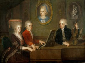 A Família Mozart: ao piano, Wolfgang e a sua irmã Nannerl ;o pai Leopold Mozart com o violino ... (óleo sobre tela)