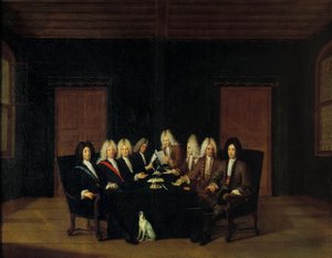 Guerra da Sucessão Espanhola: "Os Plenipotenciários reunidos em torno do Duque Marechal de Villars e do Príncipe Eugene de Savoy-Carignan (Savoie Carignan, Conde de Soissons (1663-1736) no Congresso da Paz em Borden, em 7/09/1714" Pintura de Johan Rudol de Johann Rudolph the Elder Huber