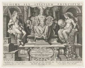 Autoridade (Potestas), Prestígio (Nobilitas) e Benevolência (Liberalitas) Impressão do título de uma série sobre as qualidades de um príncipe Principais Atividades de um Príncipe (título da série) Schema, seu speculum principum (título da série) Agendar, s de Johann Sadeler (I)