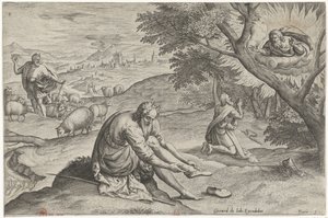 Deus aparece a Moisés no arbusto em chamas
História de Moisés antes do Êxodo (título da série)
Historia plagarum em Aegijpto (título da série) de Johann Sadeler (I)