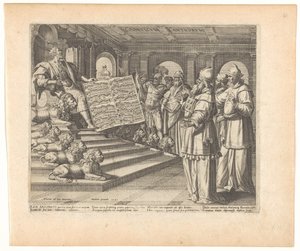Impressão de moteto e página de título com Salomão como compositor do Cântico dos Cânticos Canticum Canticorum (título no objeto) Cantares de Salomão (título da série) de Johann Sadeler (I)