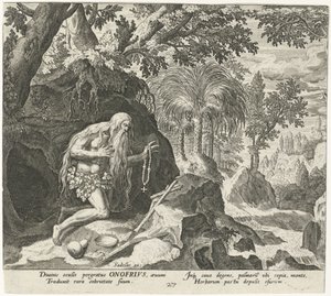 Onyphrius the Great como um eremita Eremitas Masculinos (título da série) Solitudo Sive Vitae Patrum Eremicolarum (título da série) de Johann Sadeler (I)