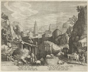 Paisagem rochosa com a fábula do burro e o javali Emblemas em uma paisagem (título da série) de Johann Sadeler (I)