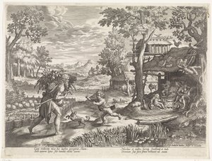 Set cumprimenta Adam em seu retorno do campo História da família de Set / Julgando o bom e o ruim (título da série) Bonorum et Malorum consensio (título da série) de Johann Sadeler (I)