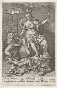 Dignidade (Majestas) supera Tirania (Tyrannis) Maiestas (título no objeto) As virtudes vencem os vícios (título da série) de Johann Sadeler (I)
