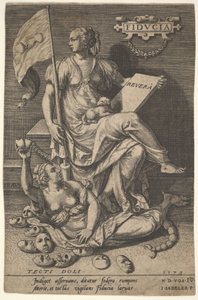 Fiducia, uma mulher sentada segura um livro e um estandarte enquanto vira a cabeça para longe de um nua-br..., 1579.